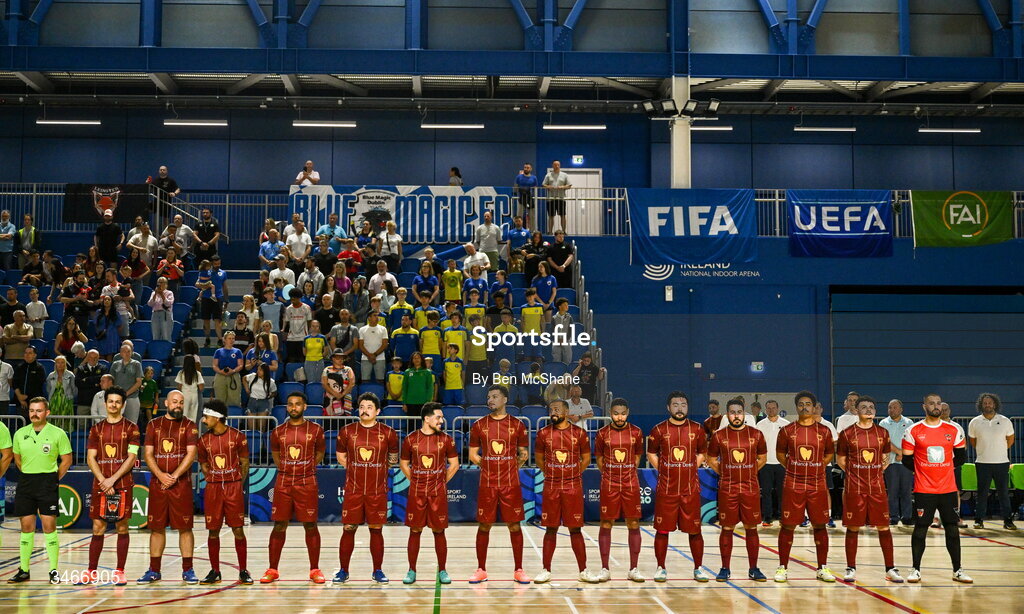 24 May 2026; Leinster Futsal players line-up before the FAI Futsal Cup final match between Leinster Futsal and Blue Magic at the National Indoor Arena in Abbotstown, Dublin. Photo by Ben McShane/Sportsfile