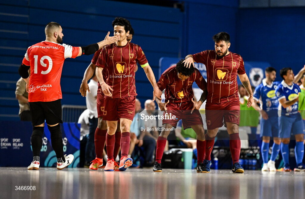 24 May 2026; Wemerson Moutinho Dos Santos of Leinster Futsal, second from right, celebrates with teammates after scoring their side's second goal during the FAI Futsal Cup final match between Leinster Futsal and Blue Magic at the National Indoor Arena in Abbotstown, Dublin. Photo by Ben McShane/Sportsfile