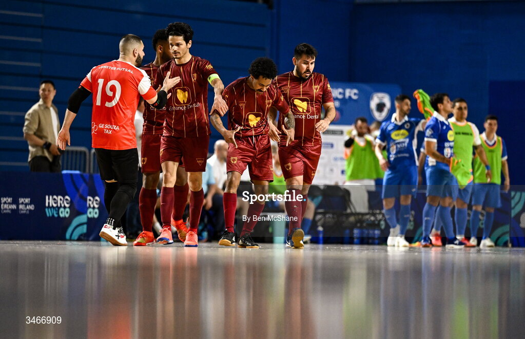 24 May 2026; Wemerson Moutinho Dos Santos of Leinster Futsal, second from right, celebrates with teammates after scoring their side's second goal during the FAI Futsal Cup final match between Leinster Futsal and Blue Magic at the National Indoor Arena in Abbotstown, Dublin. Photo by Ben McShane/Sportsfile
