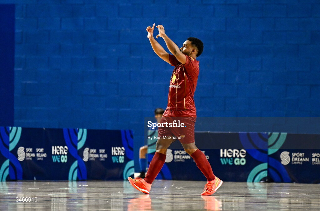 24 May 2026; Patrick Eduardo de Souza Gomes of Leinster Futsal celebrates after scoring his side's third goal, a penalty, during the FAI Futsal Cup final match between Leinster Futsal and Blue Magic at the National Indoor Arena in Abbotstown, Dublin. Photo by Ben McShane/Sportsfile