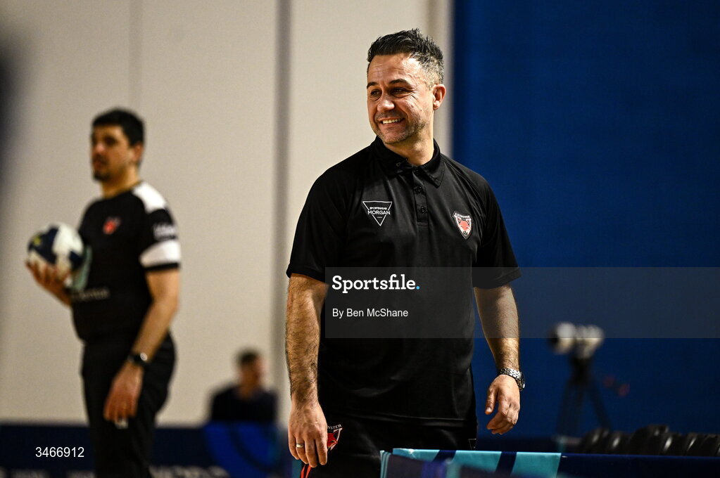 24 May 2026; Leinster Futsal head coach Emir Mustic during the FAI Futsal Cup final match between Leinster Futsal and Blue Magic at the National Indoor Arena in Abbotstown, Dublin. Photo by Ben McShane/Sportsfile