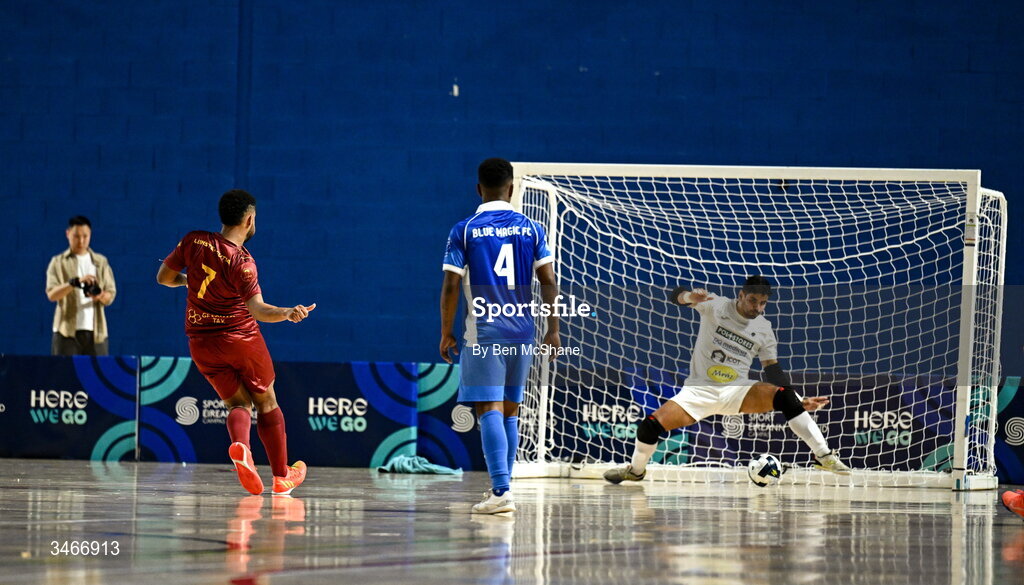 24 May 2026; Patrick Eduardo de Souza Gomes of Leinster Futsal scores his side's third goal, a penalty, during the FAI Futsal Cup final match between Leinster Futsal and Blue Magic at the National Indoor Arena in Abbotstown, Dublin. Photo by Ben McShane/Sportsfile