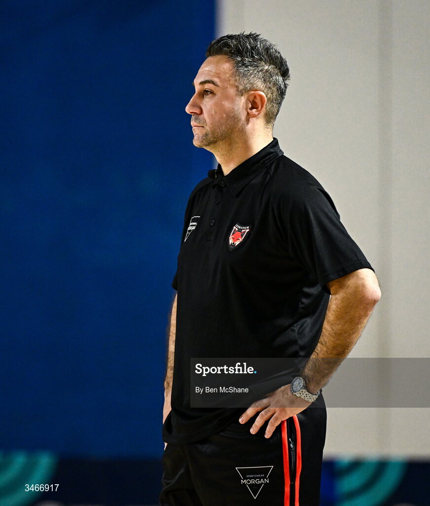 24 May 2026; Leinster Futsal head coach Emir Mustic during the FAI Futsal Cup final match between Leinster Futsal and Blue Magic at the National Indoor Arena in Abbotstown, Dublin. Photo by Ben McShane/Sportsfile