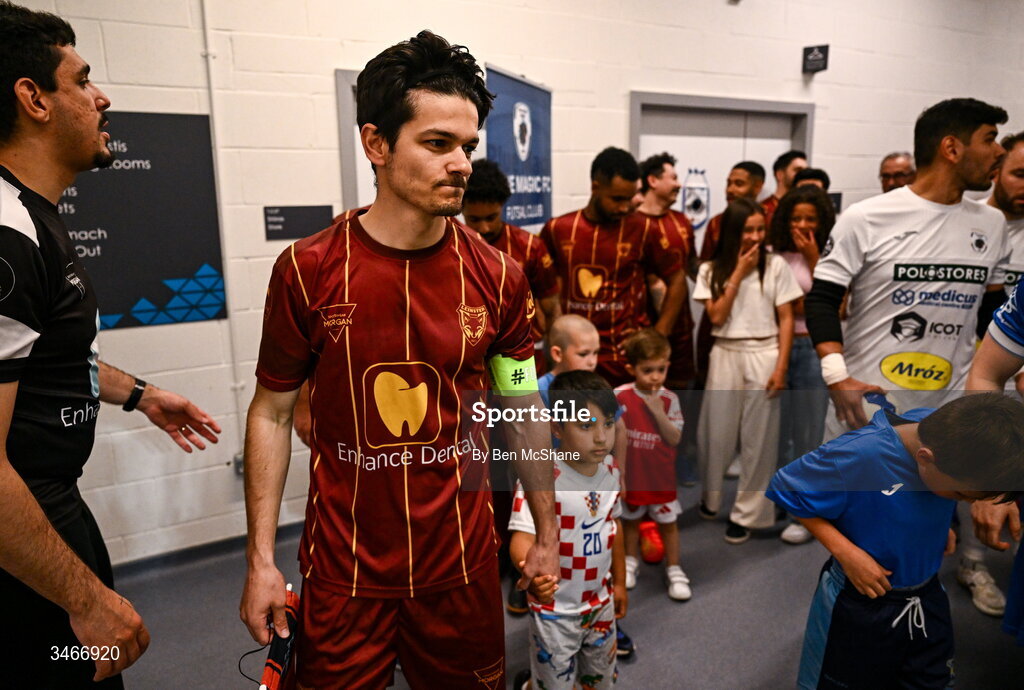 24 May 2026; Leinster Futsal captain Oriel Thome leads his side out before the FAI Futsal Cup final match between Leinster Futsal and Blue Magic at the National Indoor Arena in Abbotstown, Dublin. Photo by Ben McShane/Sportsfile