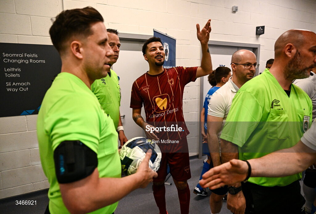24 May 2026; Thiago Goncalves da Costa of Leinster Futsal in conversation with officials in the tunnel before the FAI Futsal Cup final match between Leinster Futsal and Blue Magic at the National Indoor Arena in Abbotstown, Dublin. Photo by Ben McShane/Sportsfile