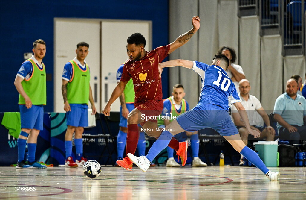24 May 2026; Patrick Eduardo de Souza Gomes of Leinster Futsal in action against Victor Calderon of Blue Magic during the FAI Futsal Cup final match between Leinster Futsal and Blue Magic at the National Indoor Arena in Abbotstown, Dublin. Photo by Ben McShane/Sportsfile