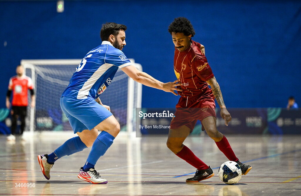24 May 2026; Wemerson Moutinho Dos Santos of Leinster Futsal in action against Johnatan Beraldo de Brito of Blue Magic during the FAI Futsal Cup final match between Leinster Futsal and Blue Magic at the National Indoor Arena in Abbotstown, Dublin. Photo by Ben McShane/Sportsfile