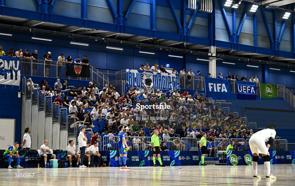 24 May 2026; Supporters during the FAI Futsal Cup final match between Leinster Futsal and Blue Magic at the National Indoor Arena in Abbotstown, Dublin. Photo by Ben McShane/Sportsfile