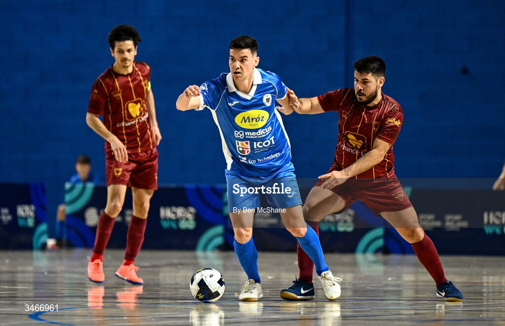 24 May 2026; Matheus Minatti of Blue Magic in action against Fernando Thales Rolin of Leinster Futsal during the FAI Futsal Cup final match between Leinster Futsal and Blue Magic at the National Indoor Arena in Abbotstown, Dublin. Photo by Ben McShane/Sportsfile