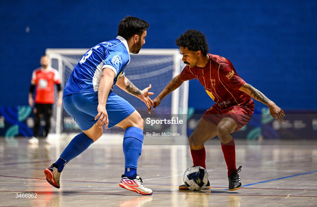 24 May 2026; Wemerson Moutinho Dos Santos of Leinster Futsal in action against Johnatan Beraldo de Brito of Blue Magic during the FAI Futsal Cup final match between Leinster Futsal and Blue Magic at the National Indoor Arena in Abbotstown, Dublin. Photo by Ben McShane/Sportsfile