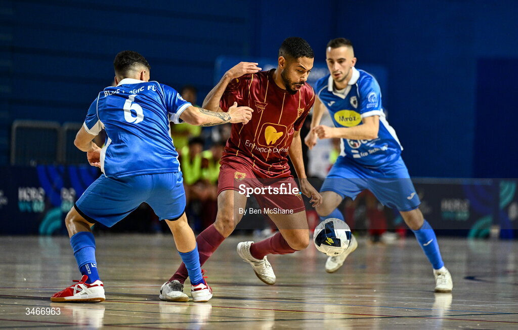 24 May 2026; Matheus Modesto de Souza of Leinster Futsal in action against Iago Cassio Rodrigues Marabezi of Blue Magic during the FAI Futsal Cup final match between Leinster Futsal and Blue Magic at the National Indoor Arena in Abbotstown, Dublin. Photo by Ben McShane/Sportsfile