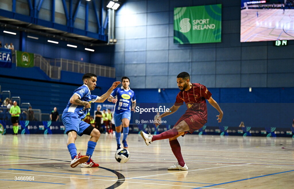 24 May 2026; Matheus Modesto de Souza of Leinster Futsal in action against Iago Cassio Rodrigues Marabezi of Blue Magic during the FAI Futsal Cup final match between Leinster Futsal and Blue Magic at the National Indoor Arena in Abbotstown, Dublin. Photo by Ben McShane/Sportsfile