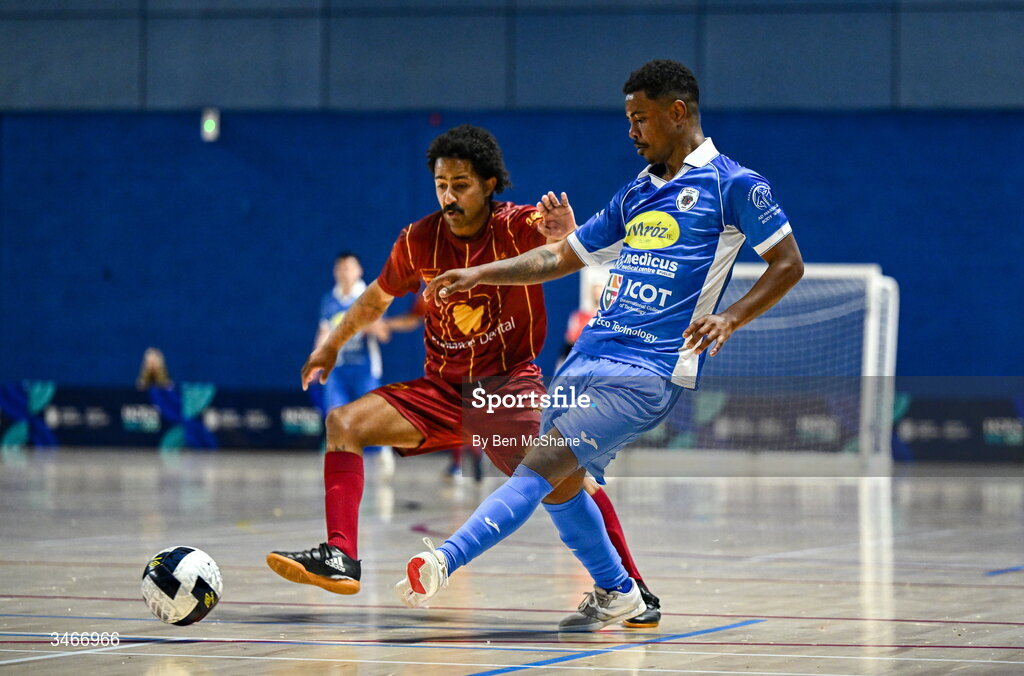 24 May 2026; Renan Henrique Cardeal of Blue Magic in action against Wemerson Moutinho Dos Santos of Leinster Futsal during the FAI Futsal Cup final match between Leinster Futsal and Blue Magic at the National Indoor Arena in Abbotstown, Dublin. Photo by Ben McShane/Sportsfile