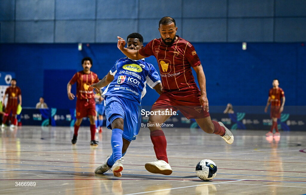 24 May 2026; Raphael Vieira de Souza of Leinster Futsal in action against Renan Henrique Cardeal of Blue Magic during the FAI Futsal Cup final match between Leinster Futsal and Blue Magic at the National Indoor Arena in Abbotstown, Dublin. Photo by Ben McShane/Sportsfile