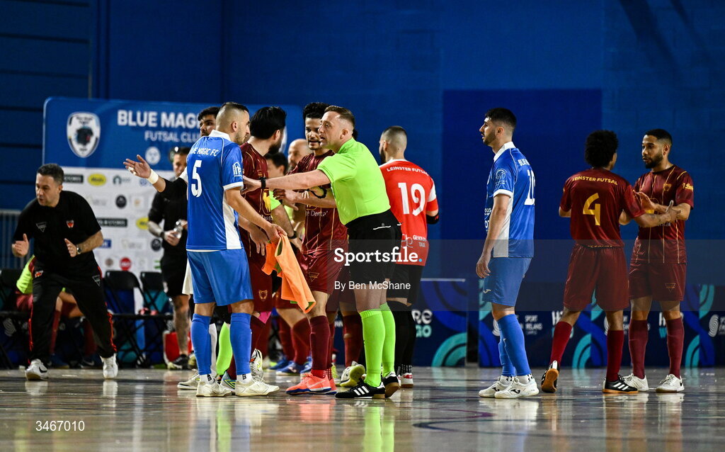 24 May 2026; Referee Alan Patchell attempts to bring order as both teams tussle during the FAI Futsal Cup final match between Leinster Futsal and Blue Magic at the National Indoor Arena in Abbotstown, Dublin. Photo by Ben McShane/Sportsfile