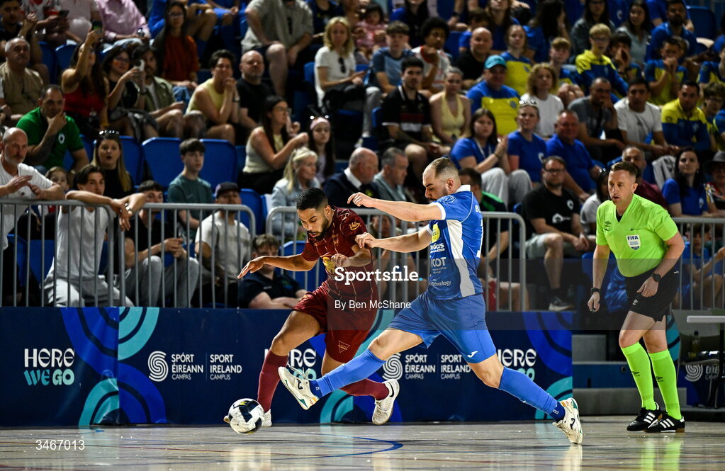 24 May 2026; Matheus Modesto de Souza of Leinster Futsal is tackled by Gustavo Pereira da Silva of Blue Magic during the FAI Futsal Cup final match between Leinster Futsal and Blue Magic at the National Indoor Arena in Abbotstown, Dublin. Photo by Ben McShane/Sportsfile