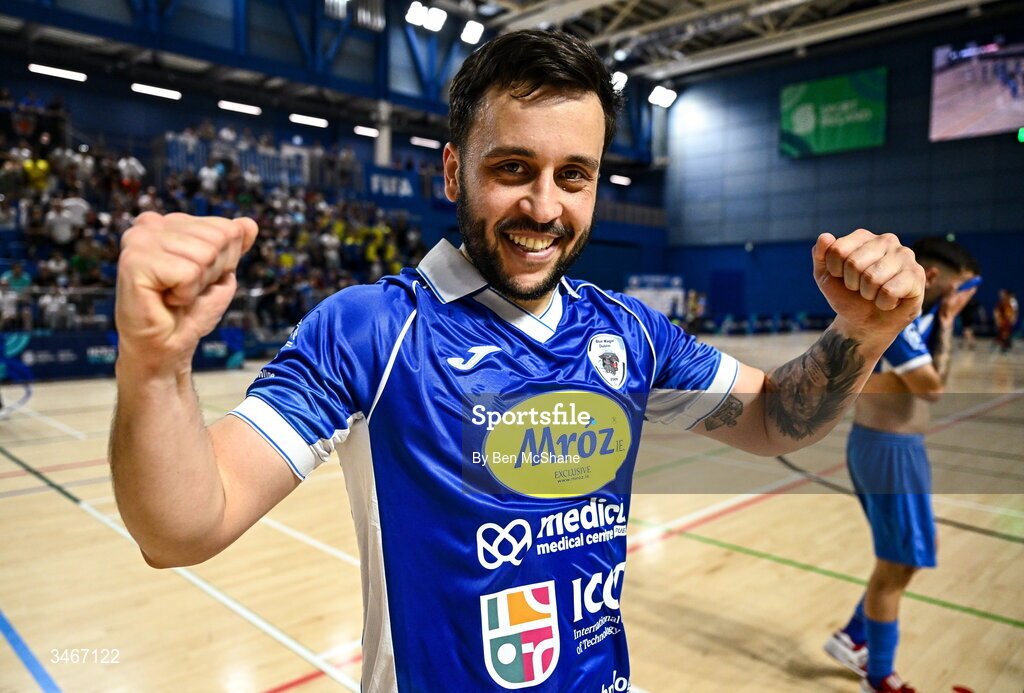 24 May 2026; Johnatan Beraldo de Brito of Blue Magic celebrates after the FAI Futsal Cup final match between Leinster Futsal and Blue Magic at the National Indoor Arena in Abbotstown, Dublin. Photo by Ben McShane/Sportsfile