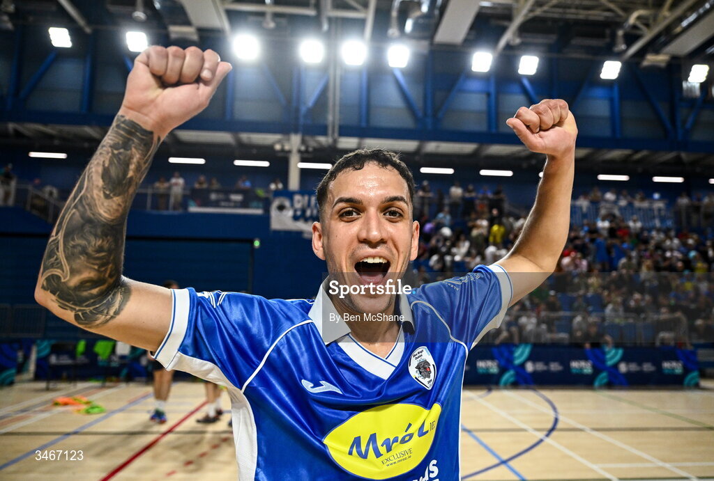 24 May 2026; Iago Cassio Rodrigues Marabezi of Blue Magic celebrates after the FAI Futsal Cup final match between Leinster Futsal and Blue Magic at the National Indoor Arena in Abbotstown, Dublin. Photo by Ben McShane/Sportsfile