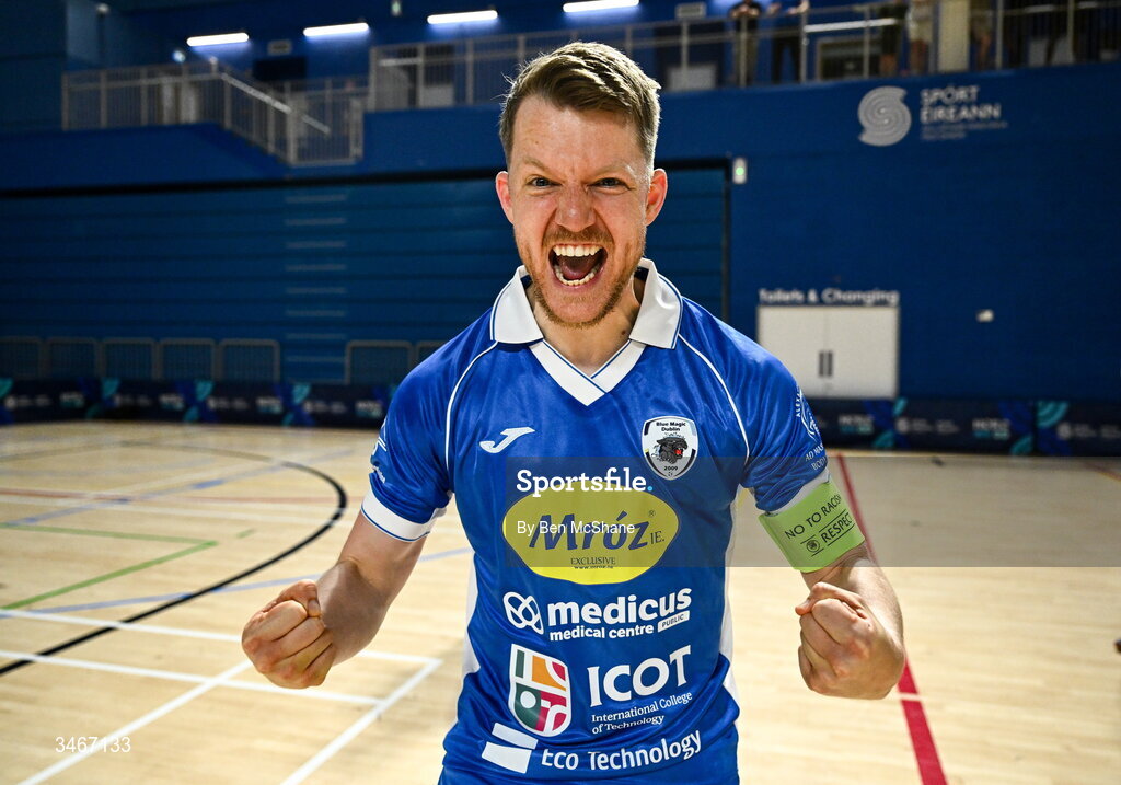 24 May 2026; Blue Magic captain Ian Byrne celebrates after the FAI Futsal Cup final match between Leinster Futsal and Blue Magic at the National Indoor Arena in Abbotstown, Dublin. Photo by Ben McShane/Sportsfile
