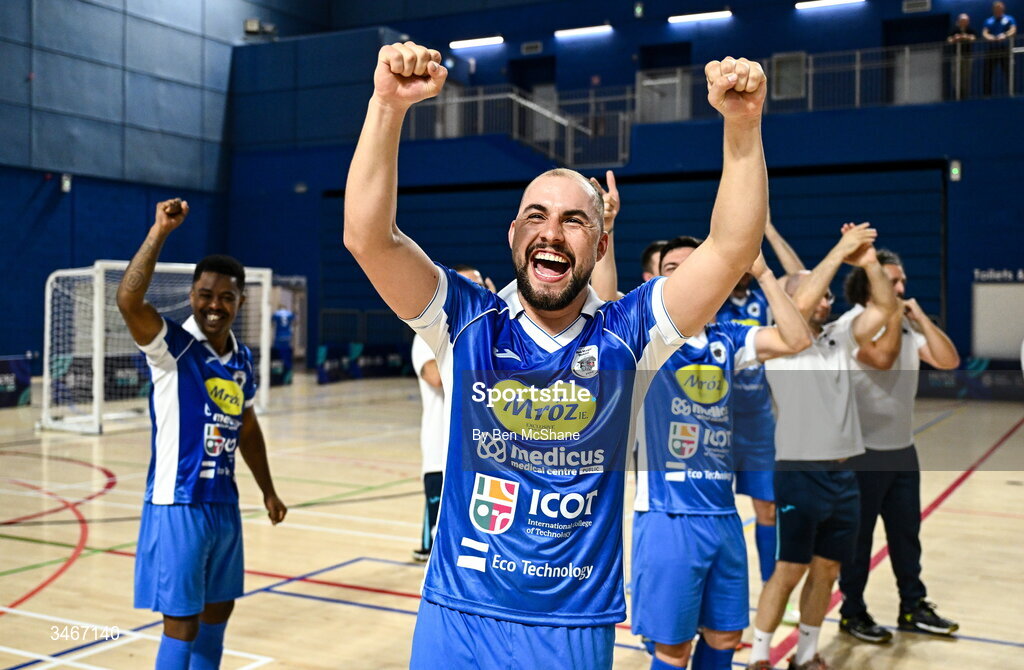 24 May 2026; Gustavo Pereira da Silva of Blue Magic celebrates after the FAI Futsal Cup final match between Leinster Futsal and Blue Magic at the National Indoor Arena in Abbotstown, Dublin. Photo by Ben McShane/Sportsfile