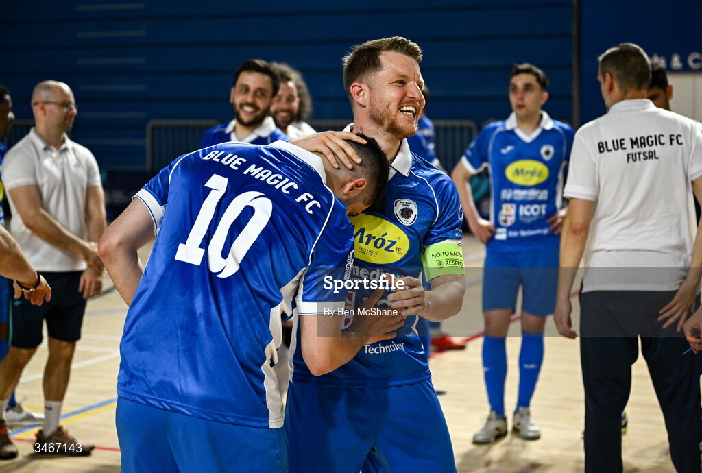 24 May 2026; Ian Byrne, right, and Victor Calderon of Blue Magic celebrate after the FAI Futsal Cup final match between Leinster Futsal and Blue Magic at the National Indoor Arena in Abbotstown, Dublin. Photo by Ben McShane/Sportsfile