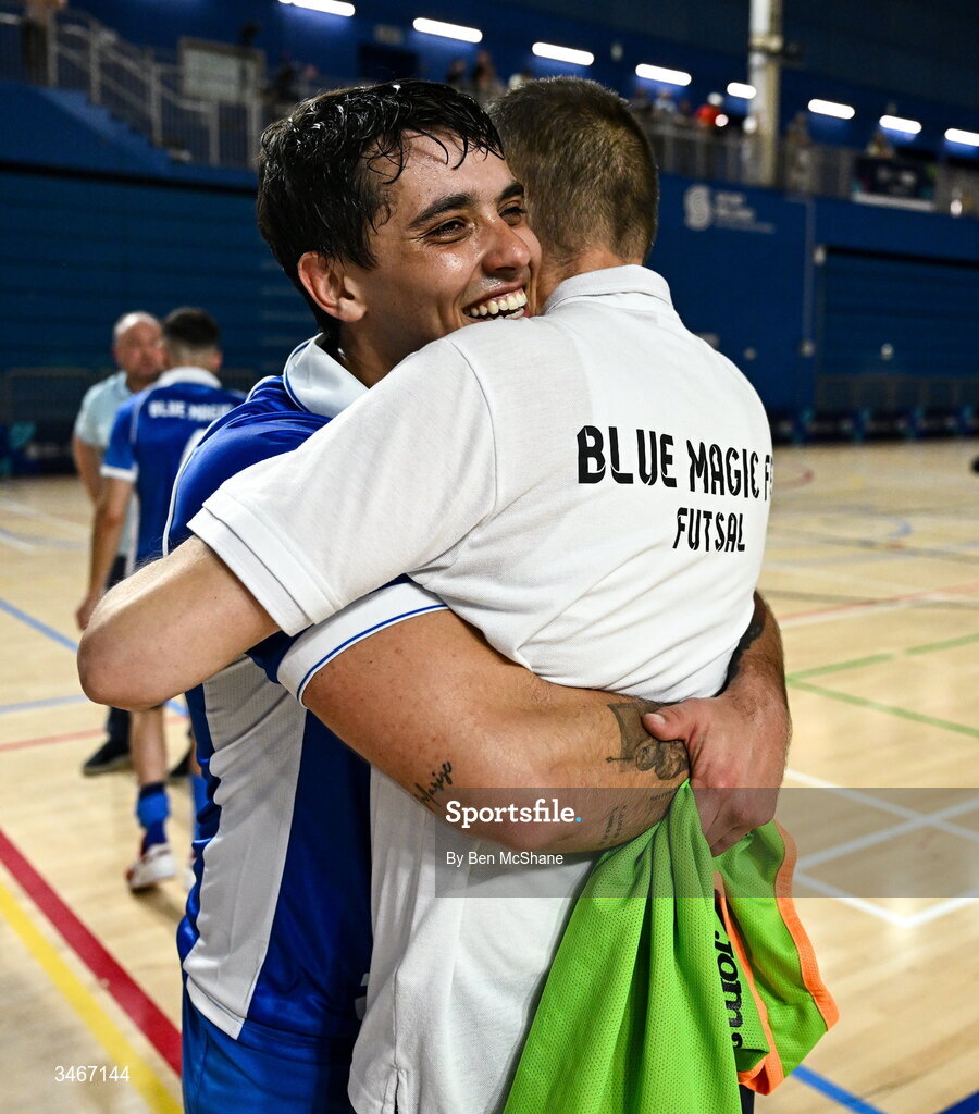 24 May 2026; Blue Magic head coach Sinisa Sicar, right, celebrates with Leonardes Mattheus of Blue Magic after the FAI Futsal Cup final match between Leinster Futsal and Blue Magic at the National Indoor Arena in Abbotstown, Dublin. Photo by Ben McShane/Sportsfile