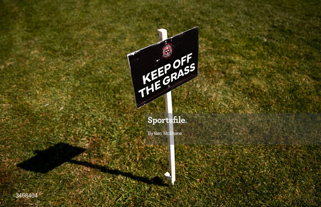 25 May 2026; A sign pitchside is seen before the SSE Airtricity Men’s Premier Division match between Bohemians and Shamrock Rovers at Dalymount Park in Dublin. Photo by Ben McShane/Sportsfile