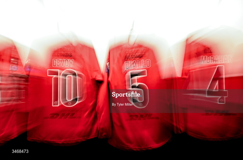 25 May 2026; The jerseys of, from left, Dawson Devoy, Sadou Diallo and Niall Morahan hang in the Bohemians dressing room before the SSE Airtricity Men’s Premier Division match between Bohemians and Shamrock Rovers at Dalymount Park in Dublin. Photo by Tyler Miller/Sportsfile
