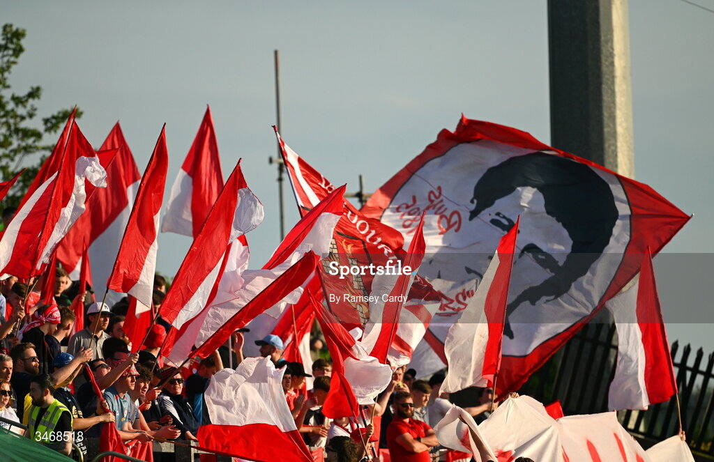 25 May 2026; Shelbourne supporters during the SSE Airtricity Men’s Premier Division match between Derry City and Shelbourne at Find Insurance Celtic Park in Derry. Photo by Ramsey Cardy/Sportsfile