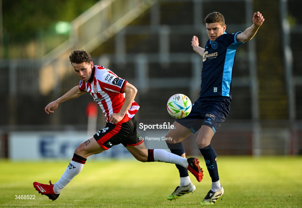 25 May 2026; Ben Doherty of Derry City in action against Sean Gannon of Shelbourne during the SSE Airtricity Men’s Premier Division match between Derry City and Shelbourne at Find Insurance Celtic Park in Derry. Photo by Ramsey Cardy/Sportsfile