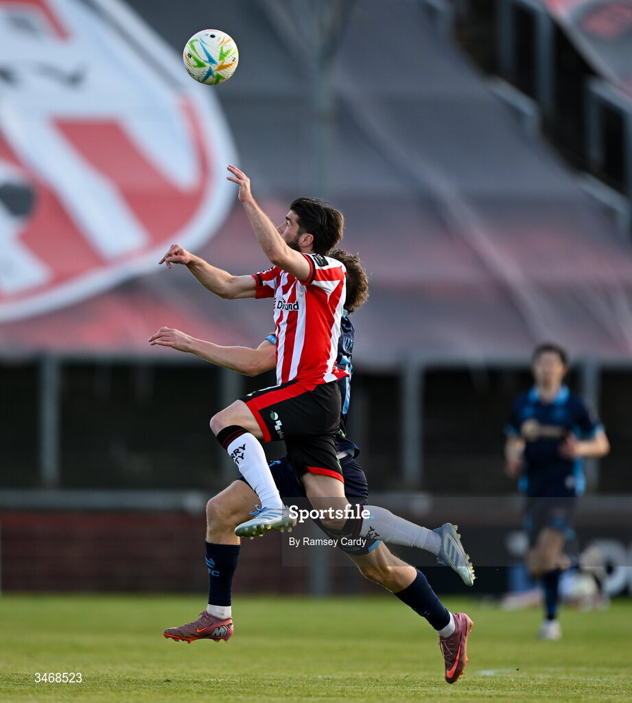 25 May 2026; Brandon Fleming of Derry City in action against John Martin of Shelbourne during the SSE Airtricity Men’s Premier Division match between Derry City and Shelbourne at Find Insurance Celtic Park in Derry. Photo by Ramsey Cardy/Sportsfile