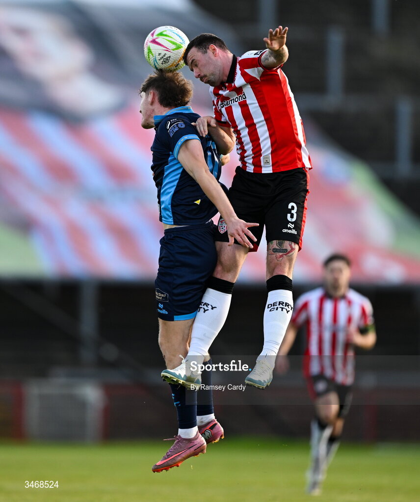 25 May 2026; Patrick McClean of Derry City in action against John Martin of Shelbourne during the SSE Airtricity Men’s Premier Division match between Derry City and Shelbourne at Find Insurance Celtic Park in Derry. Photo by Ramsey Cardy/Sportsfile