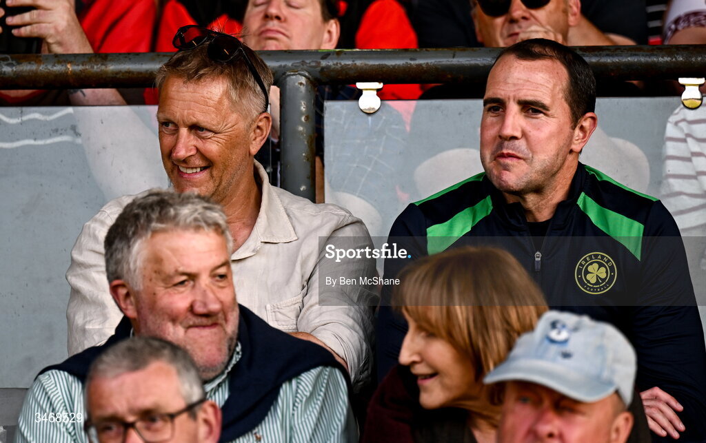 25 May 2026; Republic of Ireland head coach Heimir Hallgrimsson, left, and assistant coach John O'Shea before the SSE Airtricity Men’s Premier Division match between Bohemians and Shamrock Rovers at Dalymount Park in Dublin. Photo by Ben McShane/Sportsfile