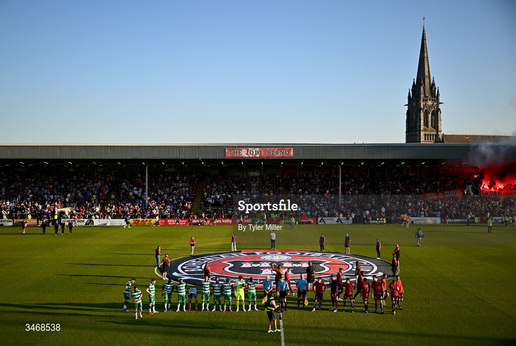 25 May 2026; Players from both sides line-up before the SSE Airtricity Men’s Premier Division match between Bohemians and Shamrock Rovers at Dalymount Park in Dublin. Photo by Tyler Miller/Sportsfile