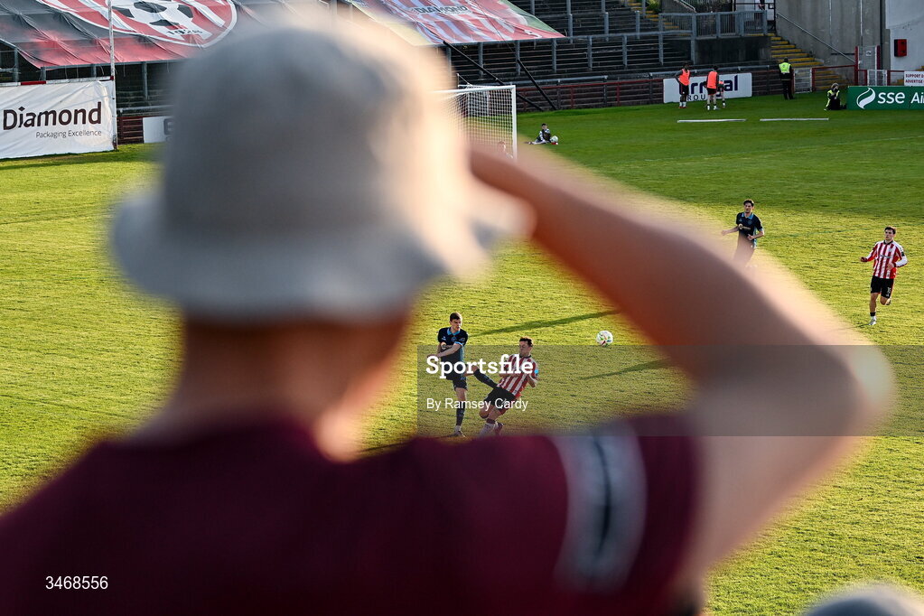 25 May 2026; Sean Gannon of Shelbourne in action against Ben Doherty of Derry City during the SSE Airtricity Men’s Premier Division match between Derry City and Shelbourne at Find Insurance Celtic Park in Derry. Photo by Ramsey Cardy/Sportsfile