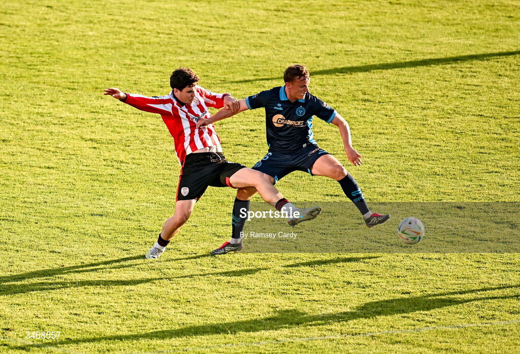 25 May 2026; James Clarke of Derry City in action against JJ Lunney of Shelbourne during the SSE Airtricity Men’s Premier Division match between Derry City and Shelbourne at Find Insurance Celtic Park in Derry. Photo by Ramsey Cardy/Sportsfile
