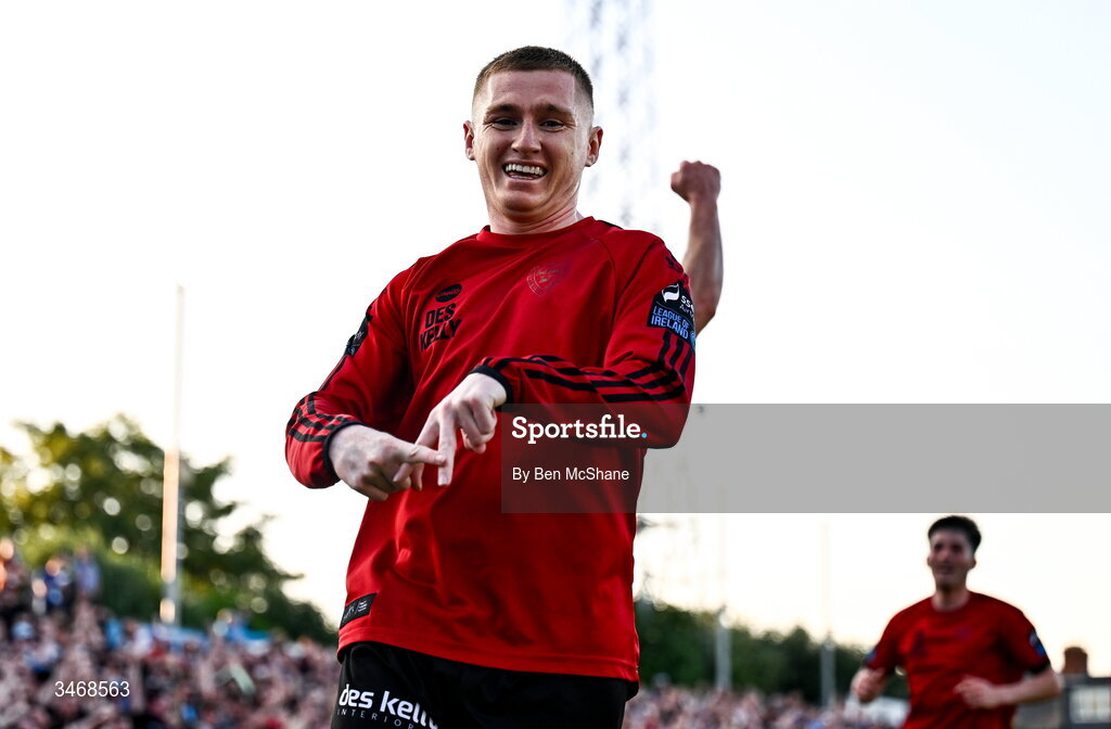25 May 2026; Ross Tierney of Bohemians celebrates after scoring his side's first goal during the SSE Airtricity Men’s Premier Division match between Bohemians and Shamrock Rovers at Dalymount Park in Dublin. Photo by Ben McShane/Sportsfile