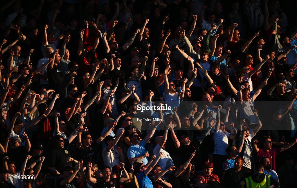 25 May 2026; Bohemians supporters celebrate as Ross Tierney scores their side's first goal during the SSE Airtricity Men’s Premier Division match between Bohemians and Shamrock Rovers at Dalymount Park in Dublin. Photo by Tyler Miller/Sportsfile