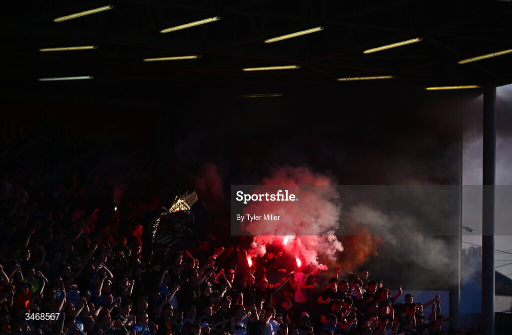 25 May 2026; Bohemians supporters celebrate as Ross Tierney scores their side's first goal during the SSE Airtricity Men’s Premier Division match between Bohemians and Shamrock Rovers at Dalymount Park in Dublin. Photo by Tyler Miller/Sportsfile