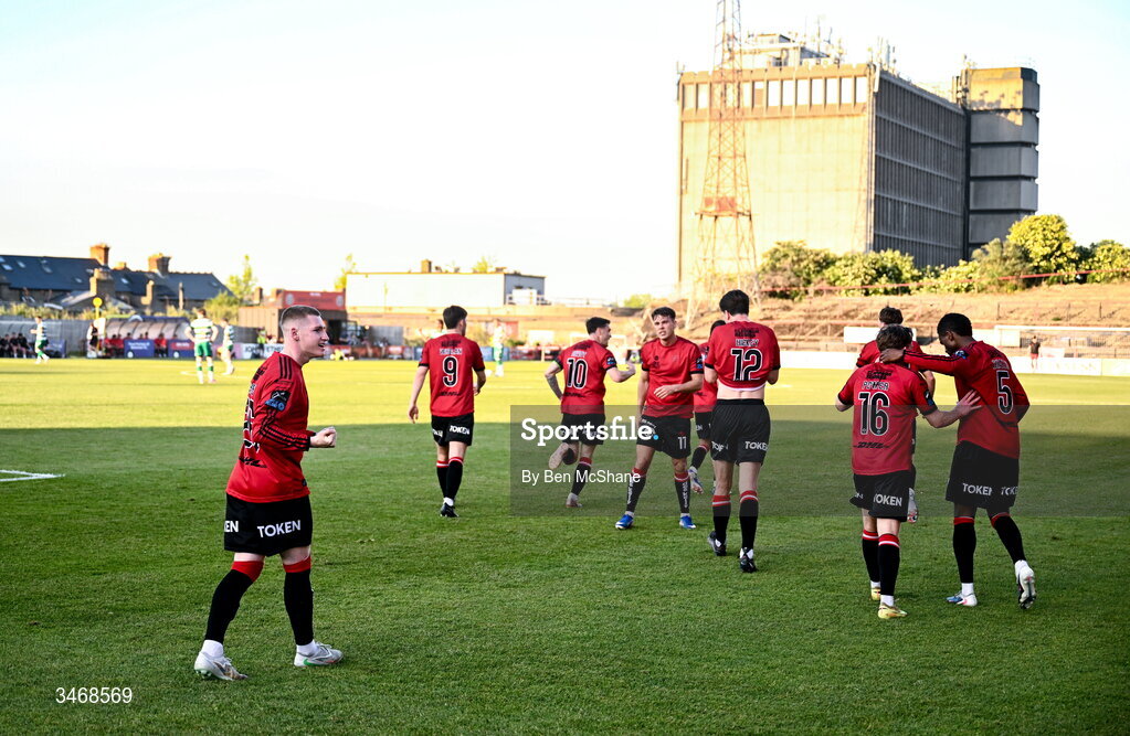25 May 2026; Ross Tierney of Bohemians celebrates after scoring his side's first goal toward the Bohemians supporters during the SSE Airtricity Men’s Premier Division match between Bohemians and Shamrock Rovers at Dalymount Park in Dublin. Photo by Ben McShane/Sportsfile
