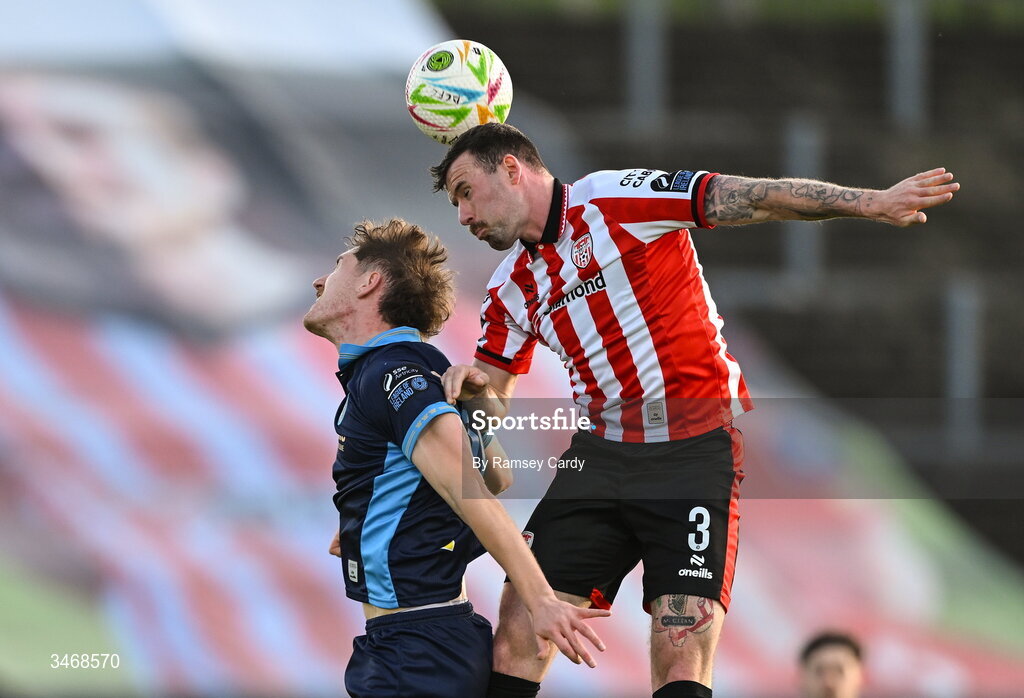 25 May 2026; Patrick McClean of Derry City in action against John Martin of Shelbourne during the SSE Airtricity Men’s Premier Division match between Derry City and Shelbourne at Find Insurance Celtic Park in Derry. Photo by Ramsey Cardy/Sportsfile