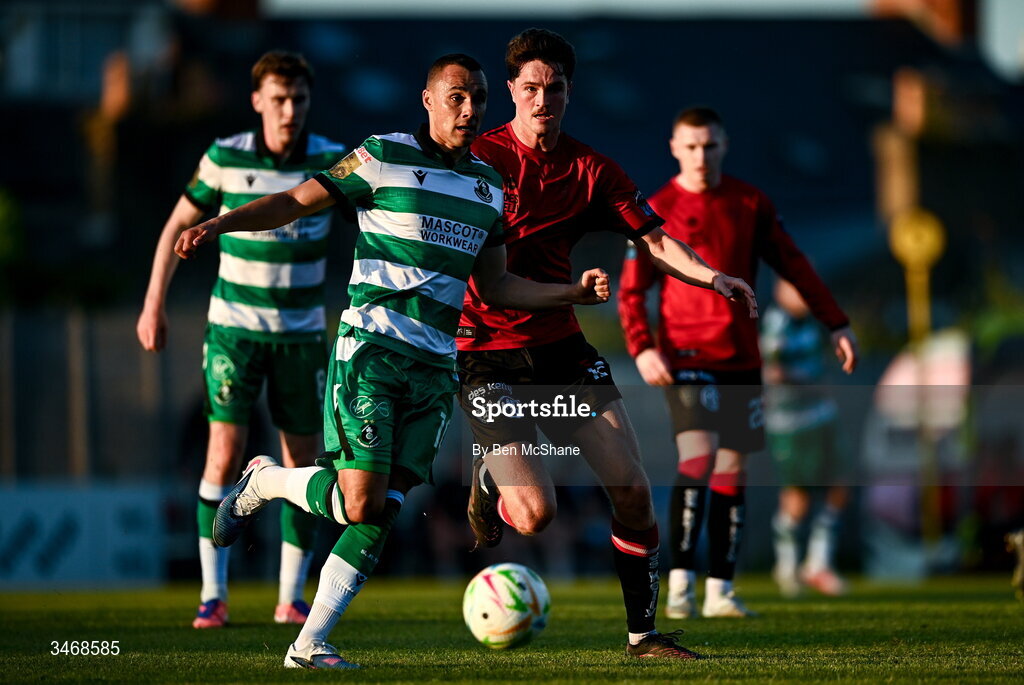 25 May 2026; Graham Burke of Shamrock Rovers in action against Patrick Hickey of Bohemians during the SSE Airtricity Men’s Premier Division match between Bohemians and Shamrock Rovers at Dalymount Park in Dublin. Photo by Ben McShane/Sportsfile