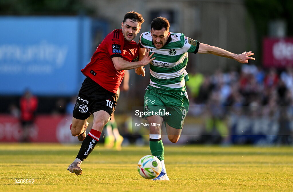 25 May 2026; Aaron Greene of Shamrock Rovers in action against Dawson Devoy of Bohemians during the SSE Airtricity Men’s Premier Division match between Bohemians and Shamrock Rovers at Dalymount Park in Dublin. Photo by Tyler Miller/Sportsfile