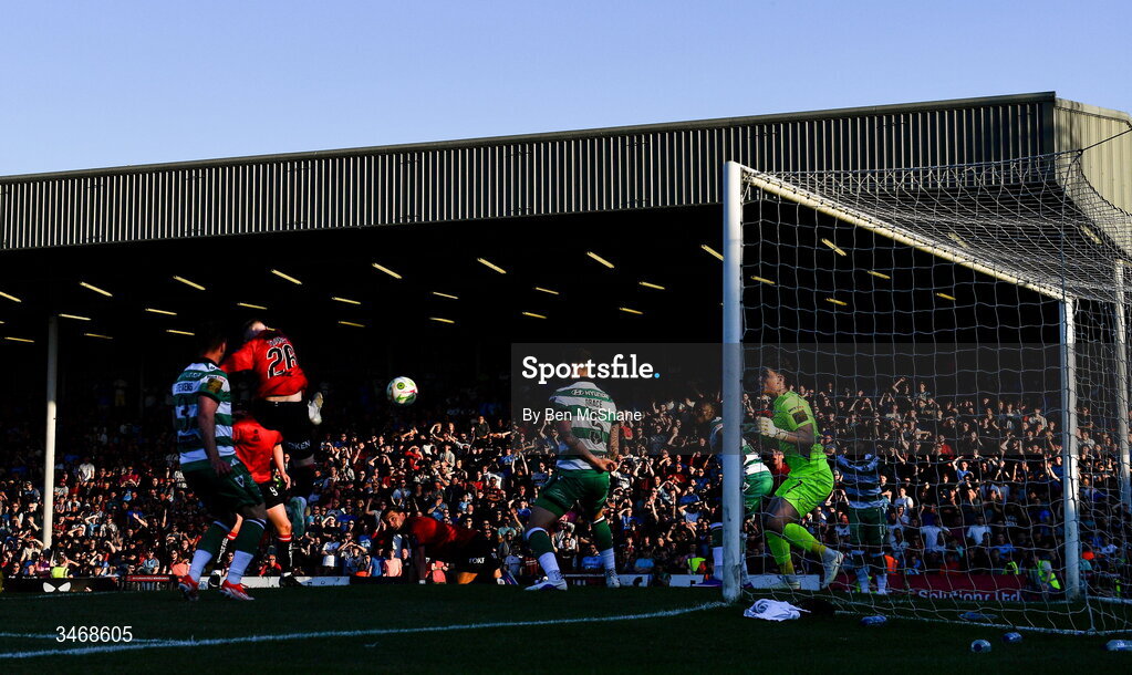 25 May 2026; Ross Tierney of Bohemians, 26, scores his side's first goal during the SSE Airtricity Men’s Premier Division match between Bohemians and Shamrock Rovers at Dalymount Park in Dublin. Photo by Ben McShane/Sportsfile