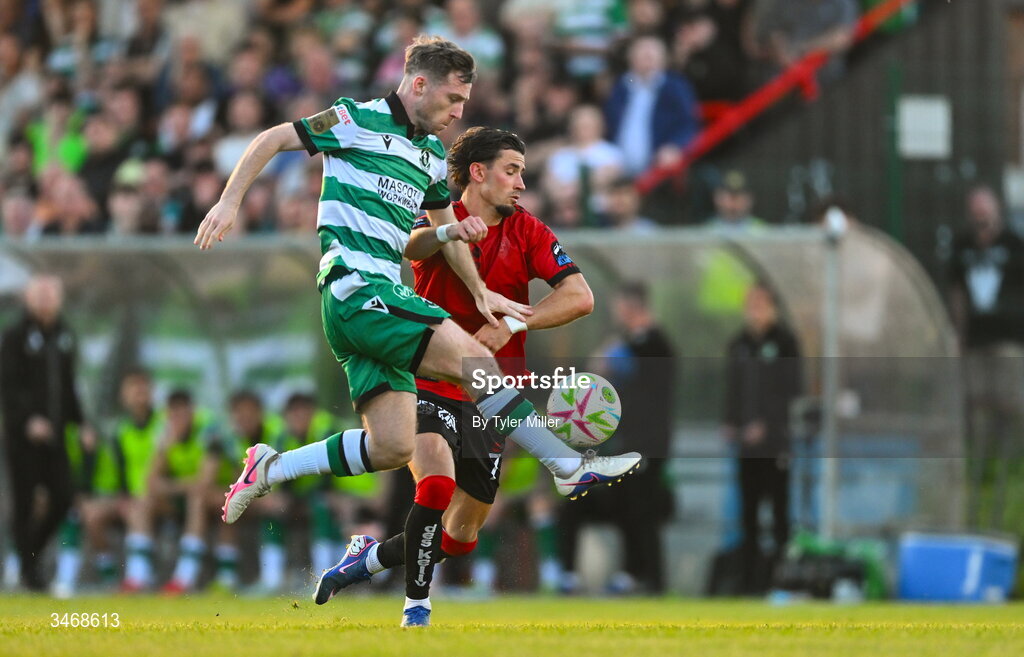 25 May 2026; Jack Byrne of Shamrock Rovers in action against Connor Parsons of Bohemians during the SSE Airtricity Men’s Premier Division match between Bohemians and Shamrock Rovers at Dalymount Park in Dublin. Photo by Tyler Miller/Sportsfile