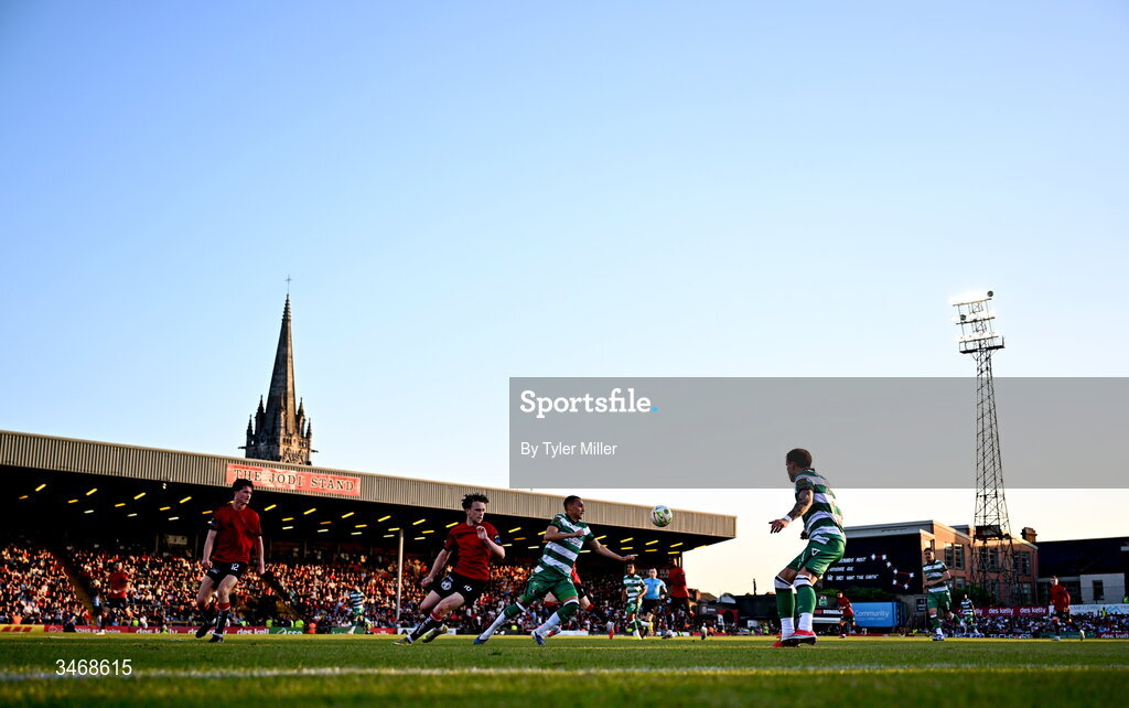 25 May 2026; Graham Burke of Shamrock Rovers in action against Darragh Power of Bohemians during the SSE Airtricity Men’s Premier Division match between Bohemians and Shamrock Rovers at Dalymount Park in Dublin. Photo by Tyler Miller/Sportsfile