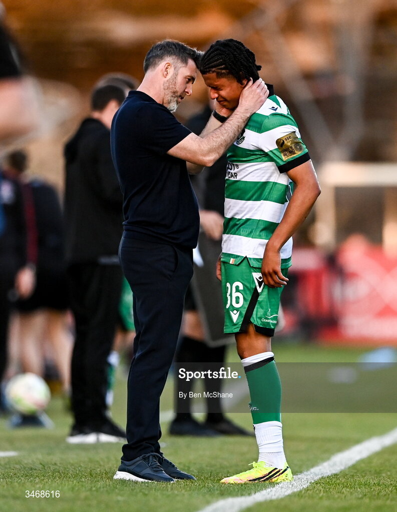 25 May 2026; Shamrock Rovers manager Stephen Bradley consoles Victor Ozhianvuna of Shamrock Rovers as he comes off with an injury early into the second half of the SSE Airtricity Men’s Premier Division match between Bohemians and Shamrock Rovers at Dalymount Park in Dublin. Photo by Ben McShane/Sportsfile