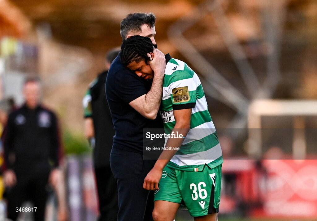 25 May 2026; Shamrock Rovers manager Stephen Bradley consoles Victor Ozhianvuna of Shamrock Rovers as he comes off with an injury early into the second half of the SSE Airtricity Men’s Premier Division match between Bohemians and Shamrock Rovers at Dalymount Park in Dublin. Photo by Ben McShane/Sportsfile