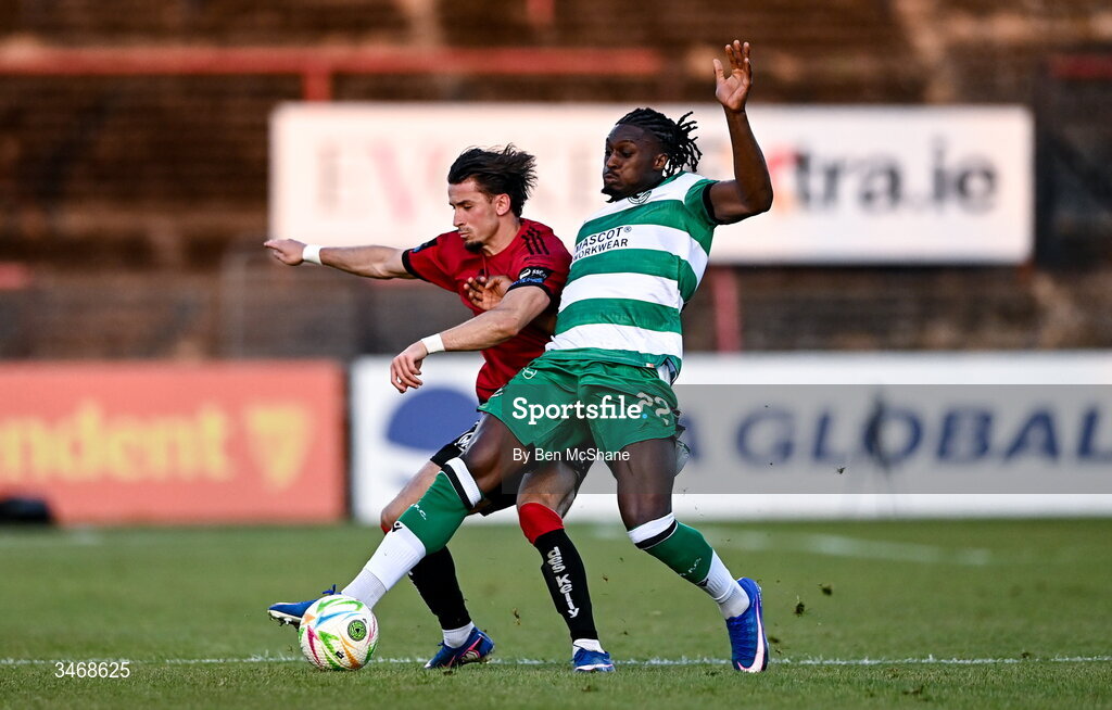 25 May 2026; Connor Parsons of Bohemians is tackled by Tunmise Sobowale of Shamrock Rovers during the SSE Airtricity Men’s Premier Division match between Bohemians and Shamrock Rovers at Dalymount Park in Dublin. Photo by Ben McShane/Sportsfile