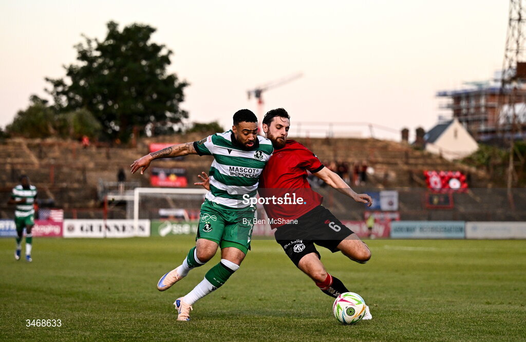 25 May 2026; Jake Mulraney of Shamrock Rovers is tackled by Jordan Flores of Bohemians during the SSE Airtricity Men’s Premier Division match between Bohemians and Shamrock Rovers at Dalymount Park in Dublin. Photo by Ben McShane/Sportsfile